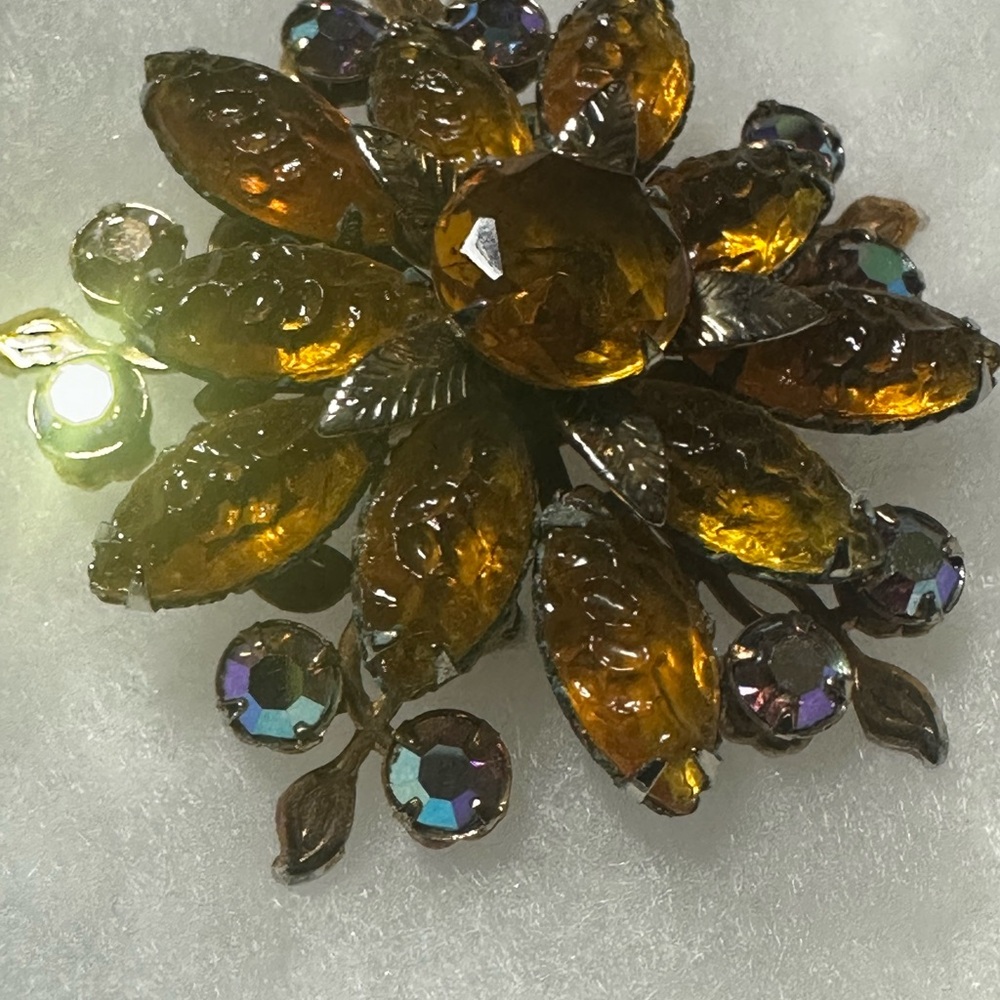 Vintage Amber Crystal Floral Brooch 1950s - Picture 5 of 16